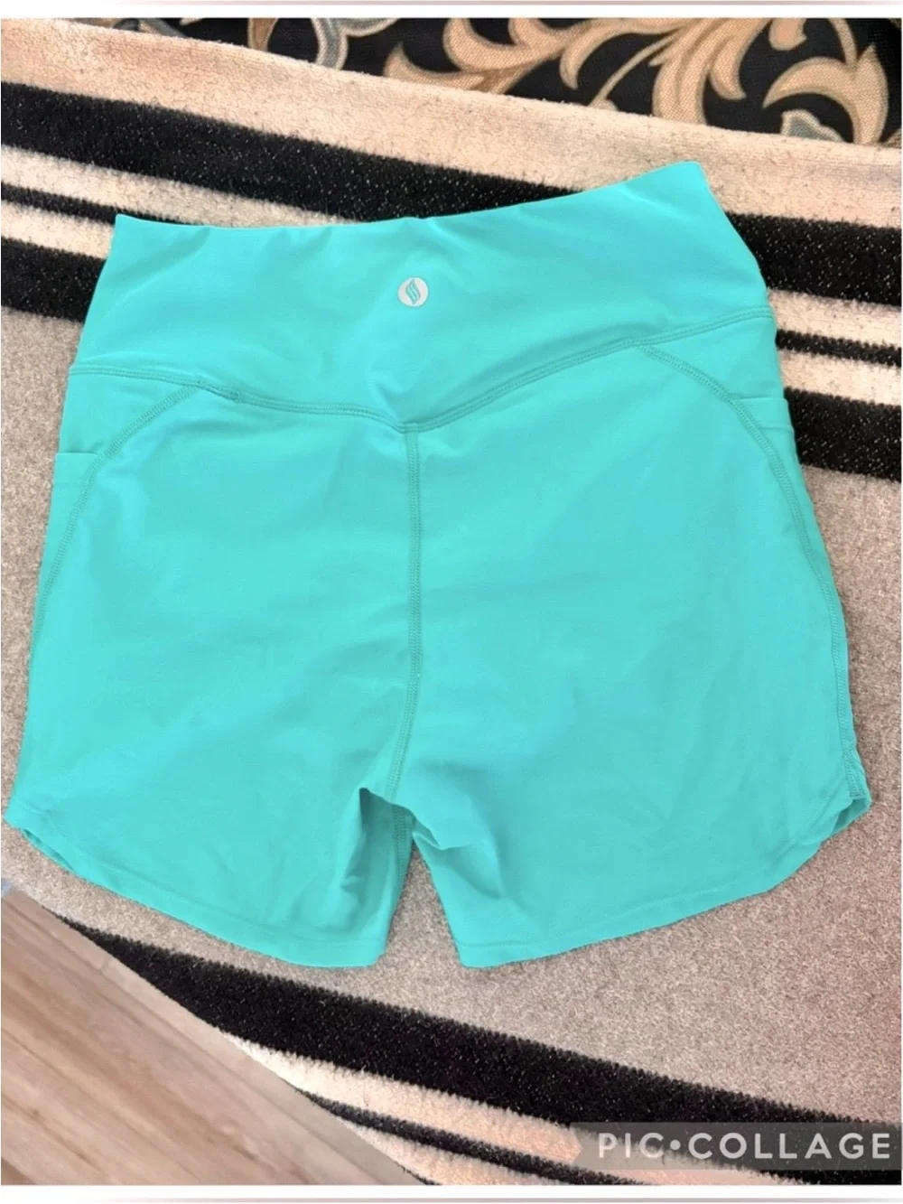 NWT Santiny High Waisted Swim Shorts Aqua Teal Pockets UPF 50+ Size S